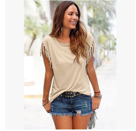 Round neck short sleeve cuffs tassel T-shirt cotton tops