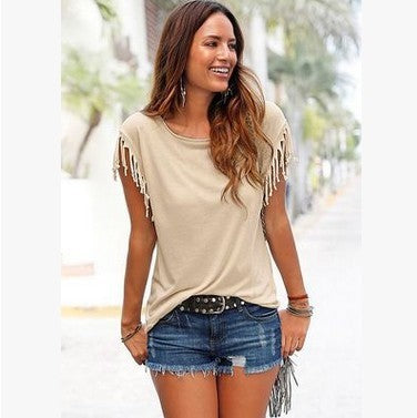 Round neck short sleeve cuffs tassel T-shirt cotton tops