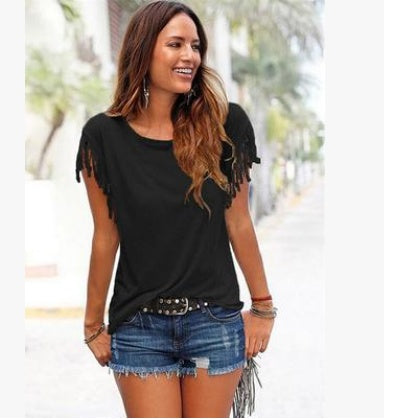 Round neck short sleeve cuffs tassel T-shirt cotton tops