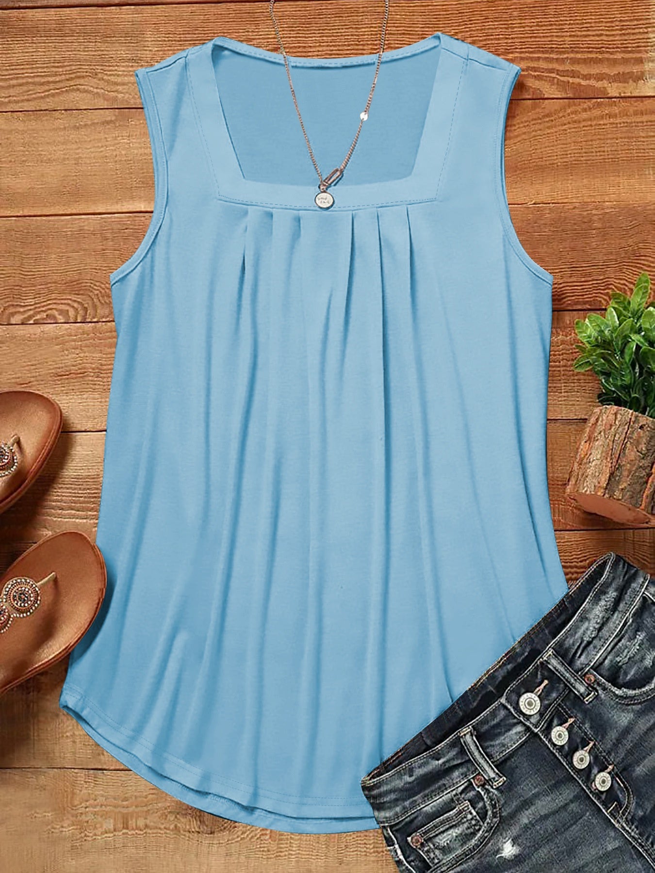 Loose Fit Pleated Square Neck Sleeveless Tops