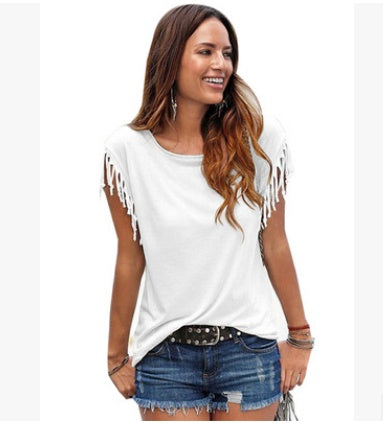 Round neck short sleeve cuffs tassel T-shirt cotton tops