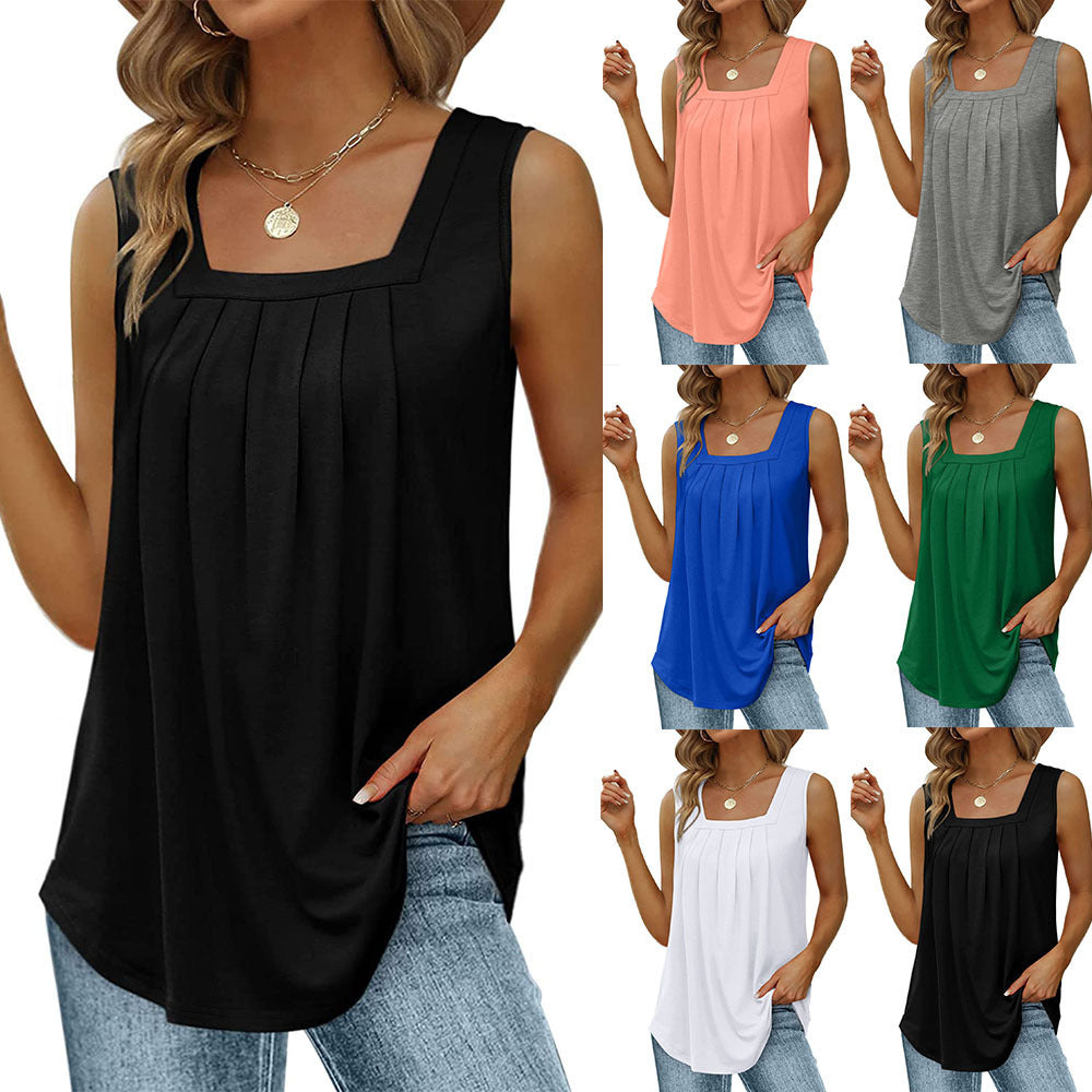 Loose Fit Pleated Square Neck Sleeveless Tops