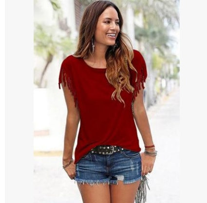 Round neck short sleeve cuffs tassel T-shirt cotton tops