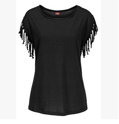 Round neck short sleeve cuffs tassel T-shirt cotton tops