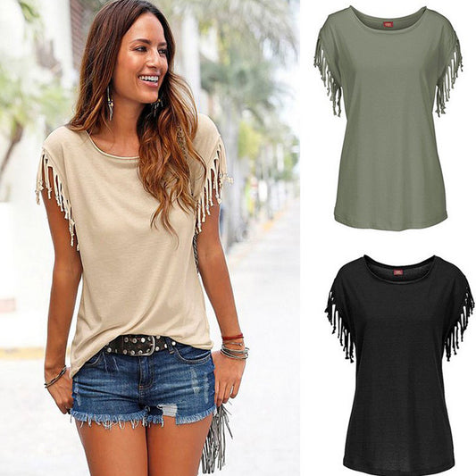 Round neck short sleeve cuffs tassel T-shirt cotton tops