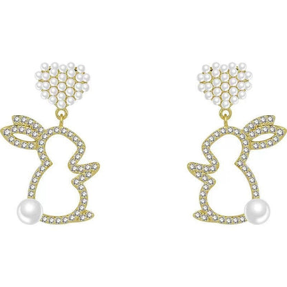 Pearl Bunny Earrings For Women Silver Pin Earrings