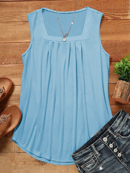 Loose Fit Pleated Square Neck Sleeveless Tops