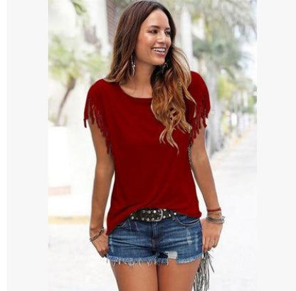 Round neck short sleeve cuffs tassel T-shirt cotton tops