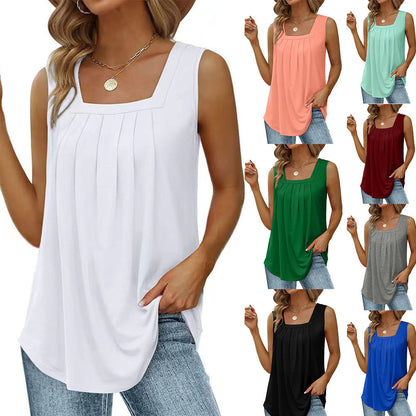 Loose Fit Pleated Square Neck Sleeveless Tops