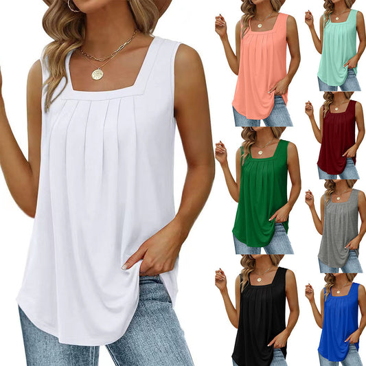 Loose Fit Pleated Square Neck Sleeveless Tops